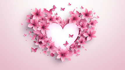 Valentine vector pink color, heart in center with flowers circling around, white background.