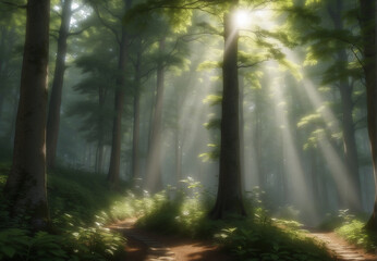 Summer Green dense forest, rays of sunlight seeping through the foliage