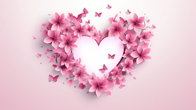 Valentine vector pink color, heart in center with flowers circling around, white background.