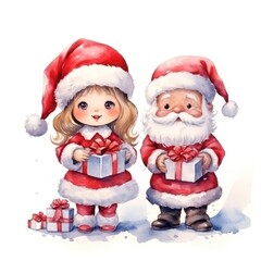 Santa Claus and girl with christmas gifts. Watercolor illustration.