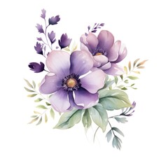 Beautiful vector watercolor floral bouquet with purple anemone flowers. Generative AI