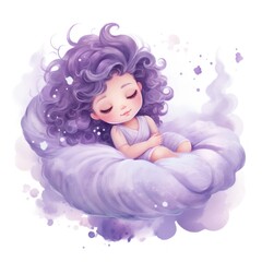 Cute little girl sleeping on a purple cloud. illustration. Generative AI