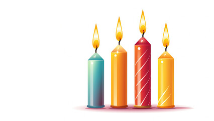 Illustraition of four colorful candles with white background, warmth and anticipation of the Advent season. Advent or birthday celebration, countdown to Christmas