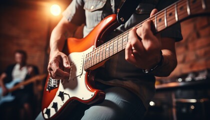 Obraz premium Energetic music band performing on concert stage with guitarist, creating electrifying atmosphere