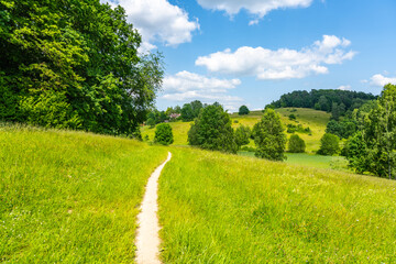 Narrow rural pathway in hilly landscape with lush green meadows on sunny summer day.