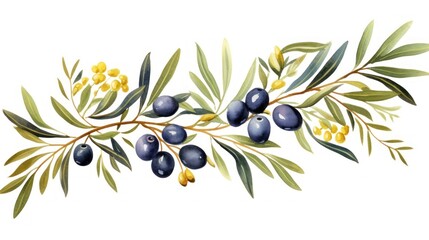 Olive branch with olives. Watercolor hand drawn illustration. Generative AI