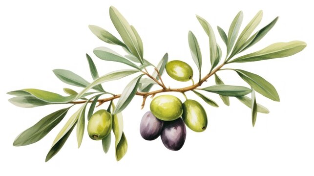 Olive branch with olives. Hand drawn watercolor illustration. Generative AI