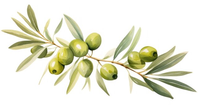 Olive branch with green olives. Hand drawn watercolor illustration Generative AI