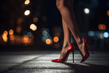City Stroll Elegance: Woman's Legs in Red Stiletto Heels Amidst the Night Lights. Generative ai - obrazy, fototapety, plakaty