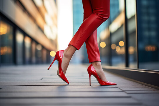 City Stride Glamour: Pretty Legs in Red Pants and High Heels Against Urban Backdrop. Generative ai
