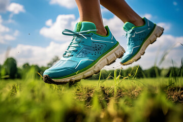 Dynamics of Motion: Sporty Woman Jumping on Grass, Focus on Footwear. Generative ai