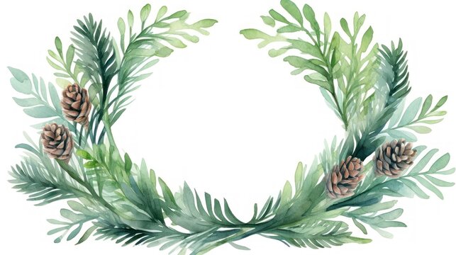Watercolor Christmas wreath with fir branches and pine cones. Hand painted illustration on white background Generative AI