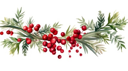Watercolor Christmas wreath with rowan berries. Hand painted illustration Generative AI