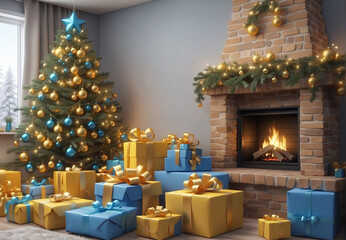 Christmas mood, room decorated for the holiday, Christmas tree, fireplace, gifts, Christmas tree decorations