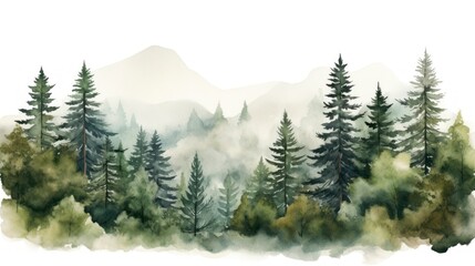 Watercolor landscape with coniferous forest and mountains. illustration. Generative AI