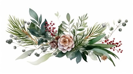 Beautiful vector image with nice watercolor flowers and leaves on white background Generative AI
