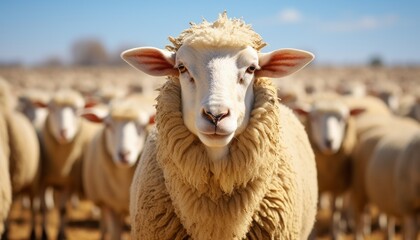 Picturesque view of ecological rams grazing at a domestic farm with adorable lambs at a factory