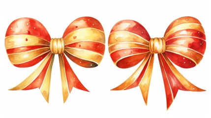 Watercolor set of three red and yellow bows with ribbons. Generative AI