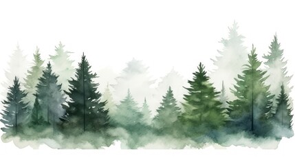 Watercolor forest landscape. Hand painted illustration with pine trees and fog. Generative AI - obrazy, fototapety, plakaty