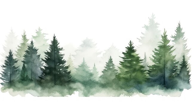 Watercolor forest landscape. Hand painted illustration with pine trees and fog. Generative AI