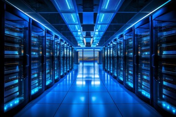 Modern data center with state of the art server racks emitting a captivating soft blue glow