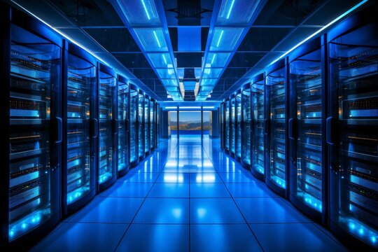 Modern Data Center With State Of The Art Server Racks Emitting A Captivating Soft Blue Glow