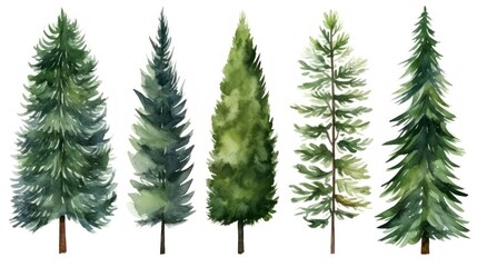 Watercolor set of pine trees. Hand drawn illustration isolated on white background Generative AI