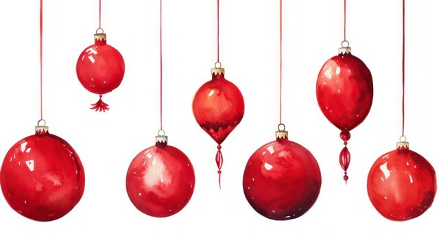 Watercolor red christmas balls isolated on white background. Hand painted illustration Generative AI