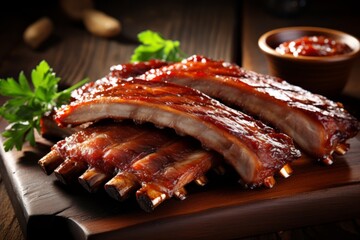 Close up of deliciously roasted barbecue pork ribs with mouthwatering slices of tender meat - obrazy, fototapety, plakaty