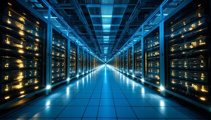 Visually stunning data center showcasing state of the art server racks emitting serene blue glow