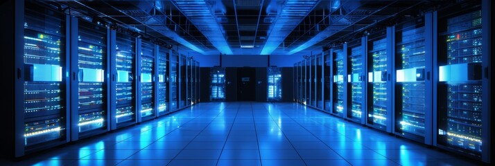 High tech data center with meticulously organized server racks emitting a mesmerizing soft blue glow - obrazy, fototapety, plakaty