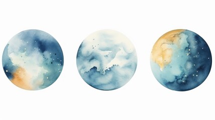 Watercolor Textured Planet Set: Round Compositions with Gold and Blue Brush Stroke AI Generated