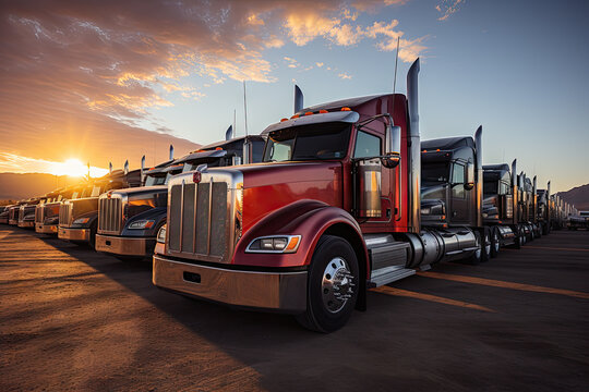 A row of semi trucks parked in a parking lot