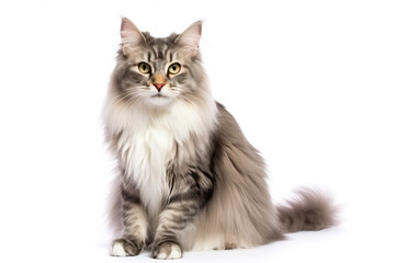 Norwegian Forest Cat. Whole body of a cat. The background is white