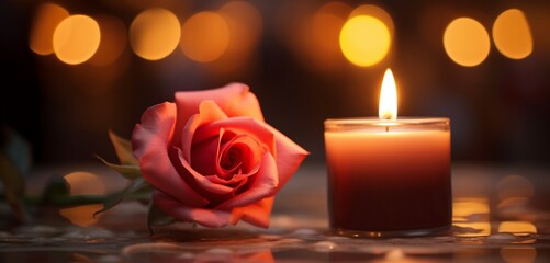 A close-up of a candle with a rose-shaped flame, set against a soft, romantic background