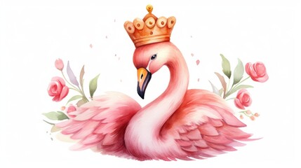 Watercolor Hand Drawn Cute Flamingo with Gold Crown Illustration for Valentine's Day AI Generated