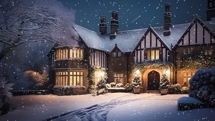 Fotobehang Christmas in the countryside manor, English country house mansion decorated for holidays on a snowy winter evening with snow and holiday lights, Merry Christmas and Happy Holidays © Anneleven
