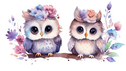 Watercolor Cute Boho Owls: Owl with Flowers on Head in Forest Baby Animal Print AI Generated