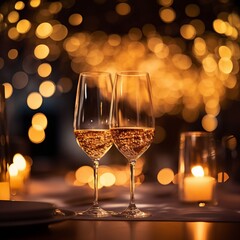 A close-up of a flickering candle with a blurred background of sparkling wine glasses