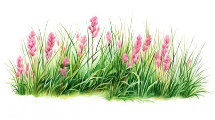 Watercolor illustration of a green grass with pink flowers on a white background Generative AI