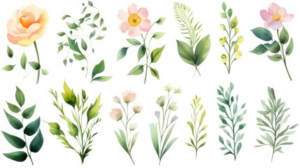Set of watercolor flowers and plants isolated on white background. illustration. Generative AI