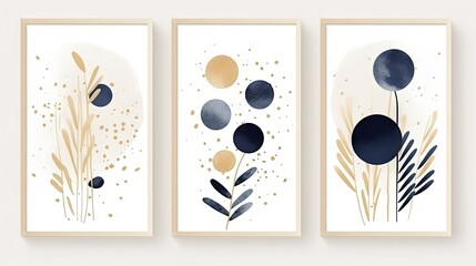Abstract Arrangements Prints Set: Blue Navy, Ivory, Beige Watercolor Illustration and Gold Elements on White Background AI Generated