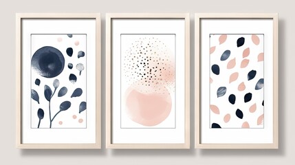 Abstract Arrangements Prints Set: Blush Pink, Blue, Navy, Beige Watercolor Illustration and Gold Shapes on White Background AI Generated