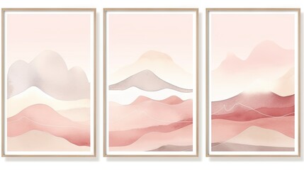 Set of abstract watercolor backgrounds with mountains and clouds. illustration Generative AI