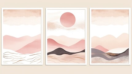 Set of hand drawn vector abstract backgrounds with mountains, sand dunes, sun and clouds in pastel colors Generative AI