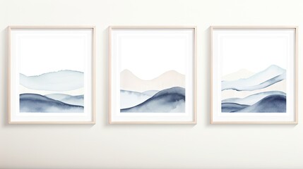 Set of three hand drawn landscape illustrations in frame on white wall background. Generative AI