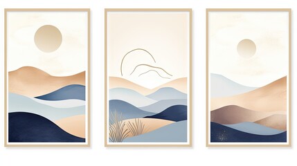 Set of vertical banners with mountains, sand, sea and sun. illustration Generative AI