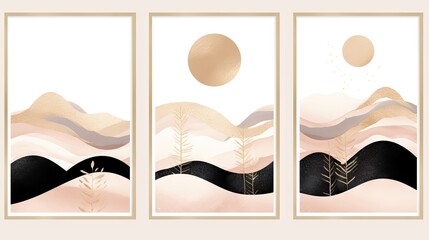 Set of vertical banners with abstract landscape and hand drawn mountains. illustration Generative AI