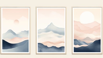 Set of vertical banners with mountains and hills in pastel colors. Generative AI