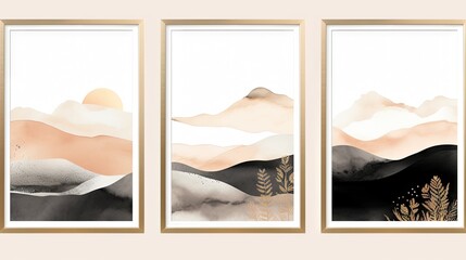 Set of vertical banners with watercolor hand drawn mountains, hills, dry grass and clouds. Generative AI